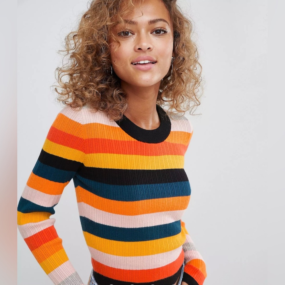 ASOS DESIGN ribbed sweater in fine knit multicolor stripe. Fun and casual Size 8